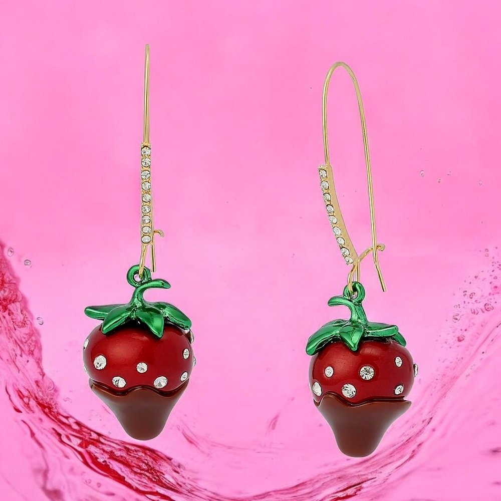 NEW Betsey Johnson Love Spell Chocolate Strawberry Dangle Drop Earrings NWT - Picture 4 of 7